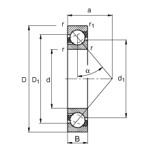 角接觸球軸承 7208-B-TVP, 根據 DIN 628-1 標準的主要尺寸，接觸角 α = 40°